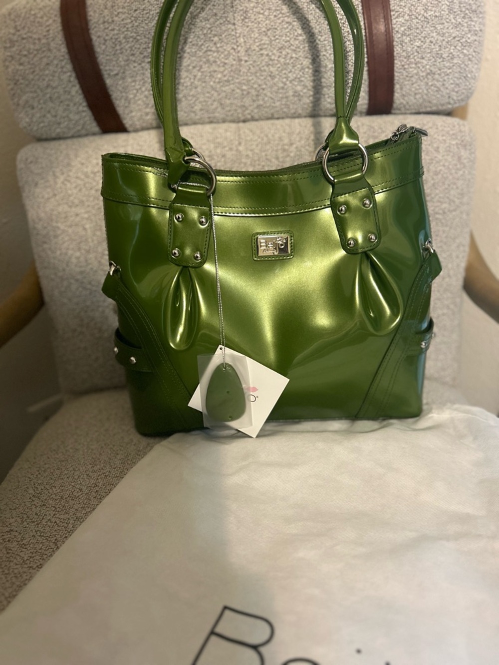 Beijo Shiny Olive Green Patent Tote with Top Handles